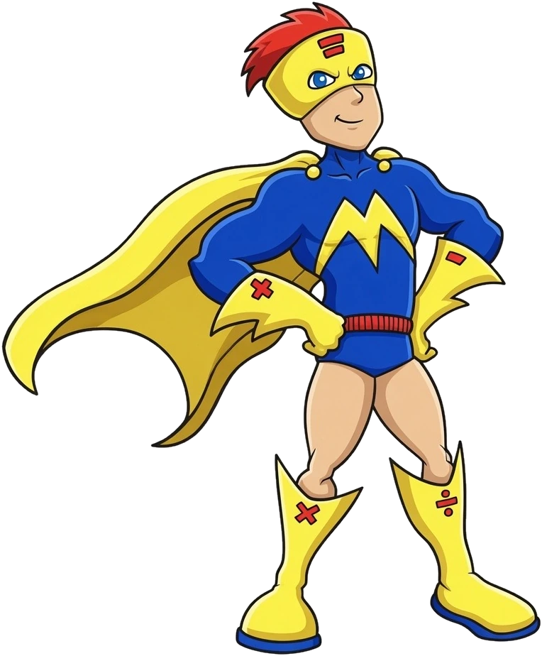 MySchoolHero mascot — a math superhero with a lightning M emblem, cape, and math-symbol boots