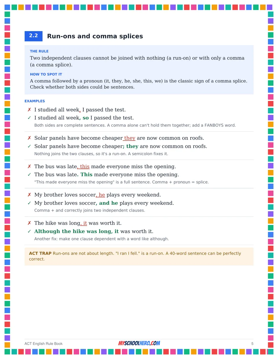 ACT English Rule Book page: Rule 2.2 Run-ons and comma splices, with wrong and right example sentences