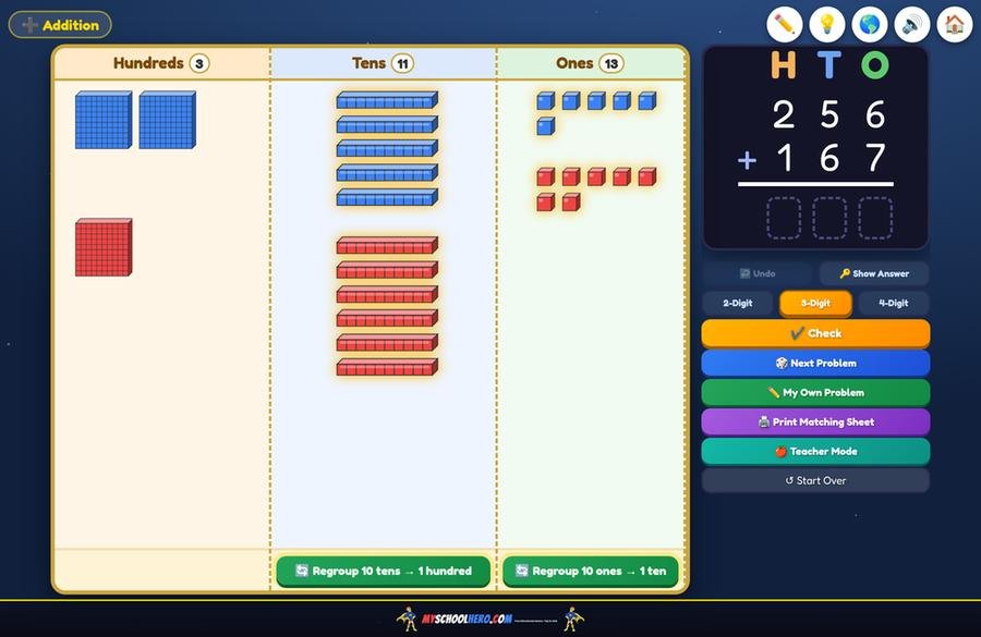 Regrouping Lab addition: 256 + 167 shown in base-ten blocks with Regroup 10 ones and Regroup 10 tens buttons