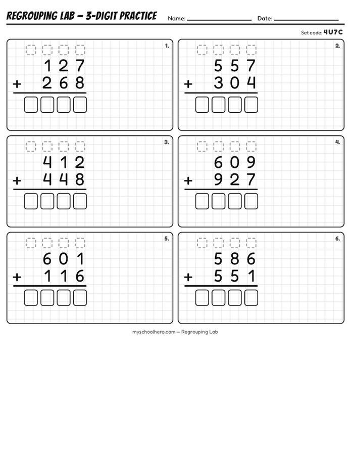 Printed Regrouping Lab 3-Digit Practice worksheet on grid paper with set code 4U7C